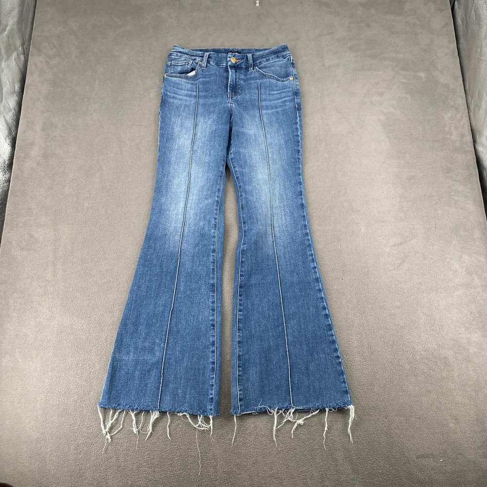 Express 70s Flare Mid Rise Ultra Hyper Stretch Jeans Blue Raw Hem Size 0/2/4 S